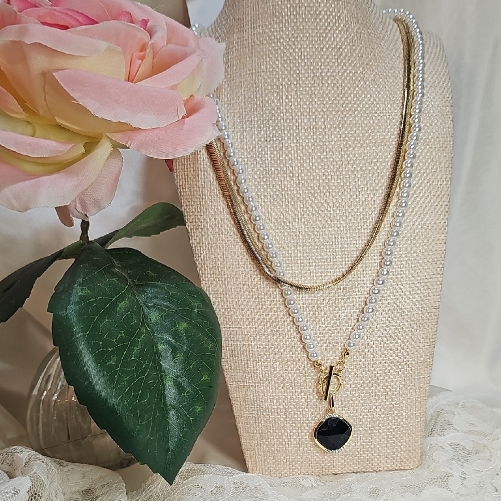 Gold & White Pearl Layered Necklace with Black Pendant